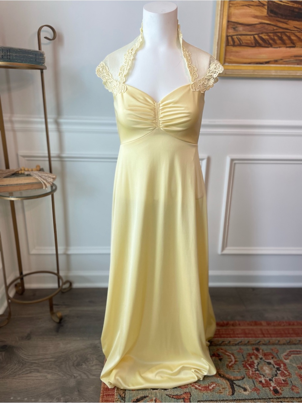 Vintage 1970s Butter Yellow Nylon Nightgown Lace Maxi Lingerie Dress